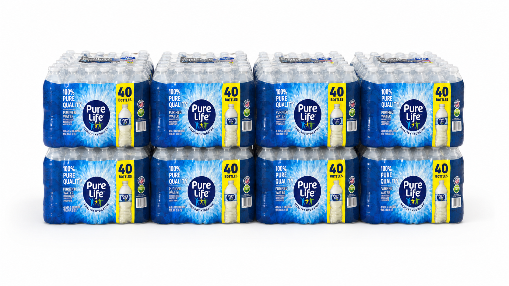 Pure Life 16.9 oz purified water — 8 cases, 320 bottles, on a wrapped pallet