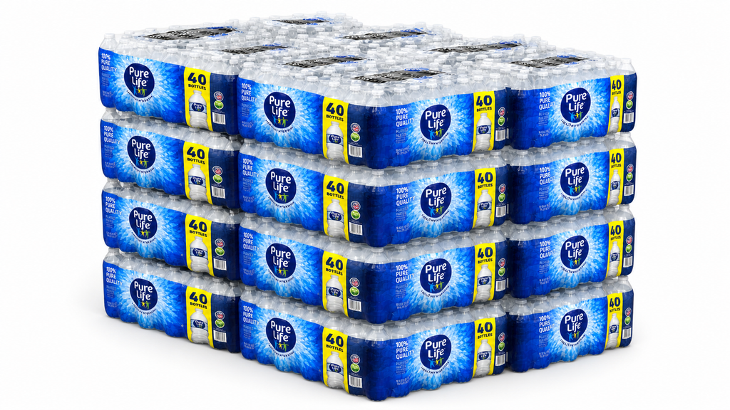 Pure Life 16.9 oz purified water — 16 cases, 640 bottles, on a wrapped pallet