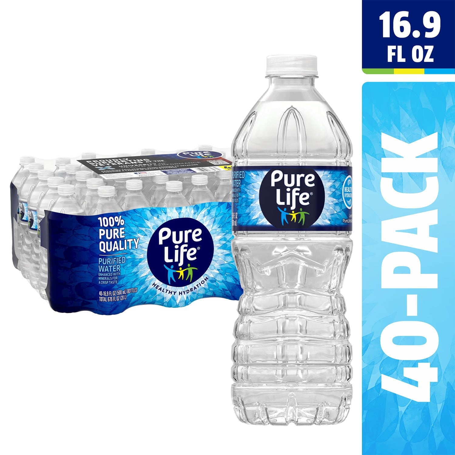Pure Life 16.9 oz purified water — 48 cases, 1,920 bottles, on a wrapped pallet