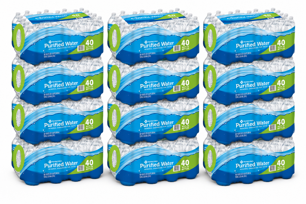 Member's Mark 16.9 oz purified water — 12 cases, 480 bottles, on a wrapped pallet