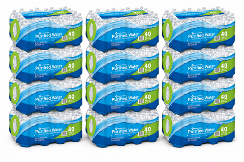 Member's Mark 16.9 oz purified water — 12 cases, 480 bottles, on a wrapped pallet