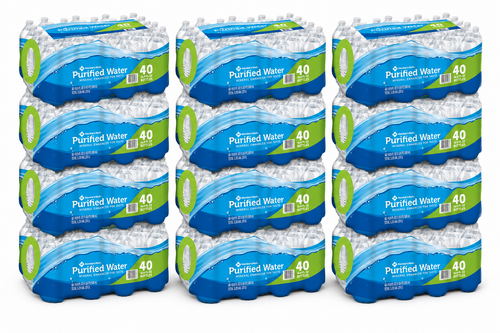 Member's Mark 16.9 oz purified water — 12 cases, 480 bottles, on a wrapped pallet