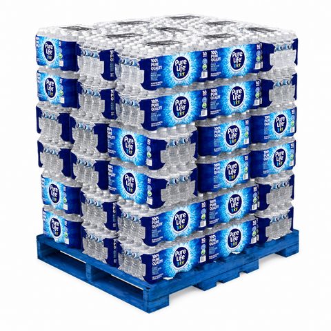 Pure Life 16.9 oz purified water — 48 cases, 1,920 bottles, on a wrapped pallet