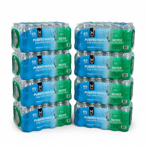Member's Mark 16.9 oz purified water — 8 cases, 320 bottles, on a wrapped pallet