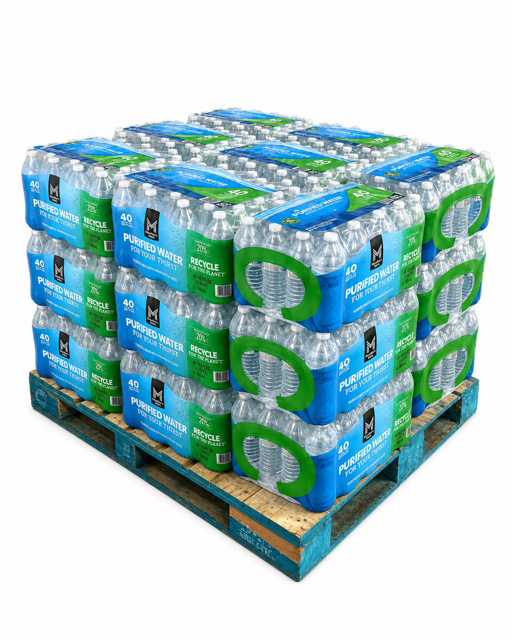 Member's Mark 16.9 oz purified water — 24 cases, 960 bottles, on a wrapped pallet