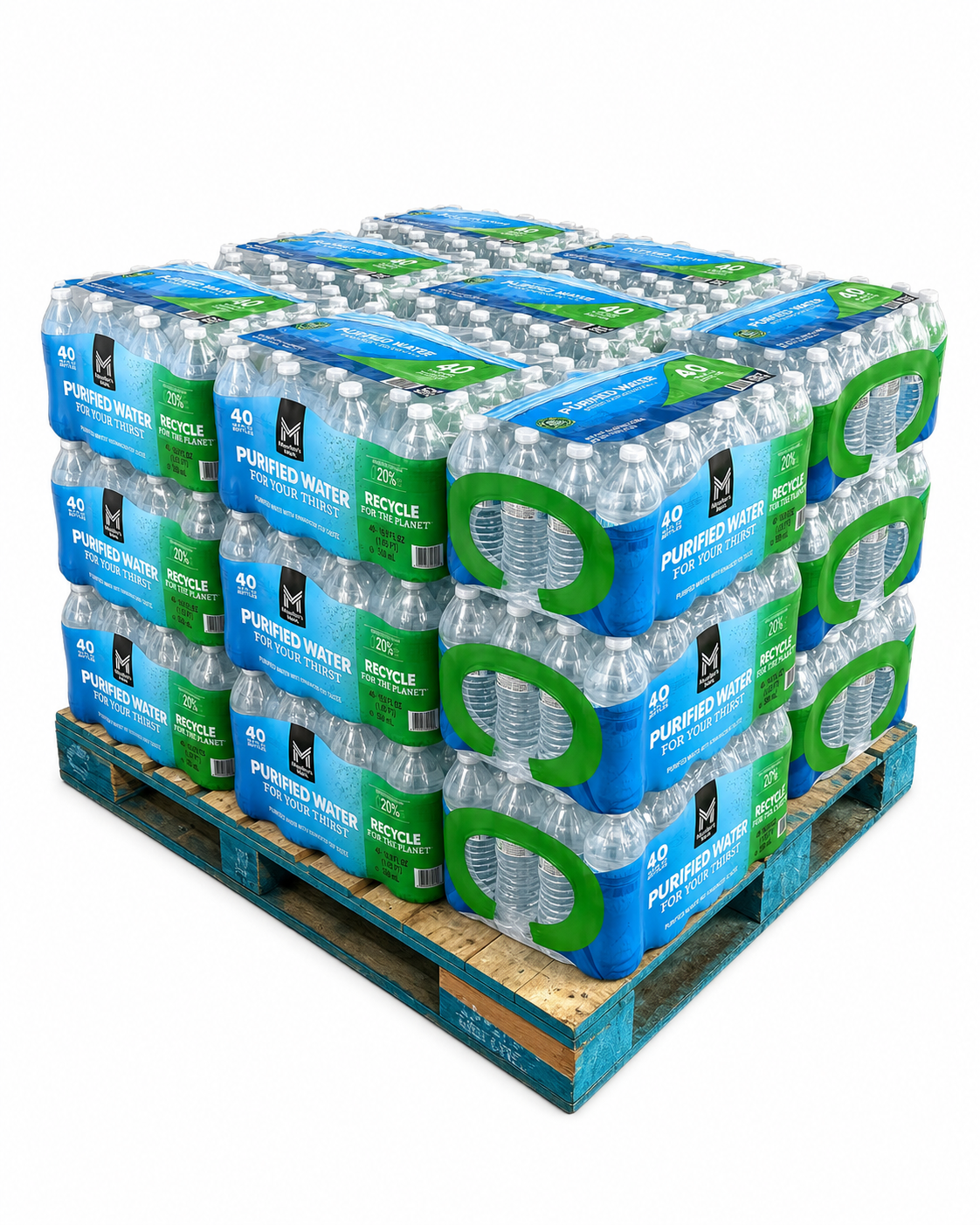 Member's Mark 16.9 oz purified water — 24 cases, 960 bottles, on a wrapped pallet