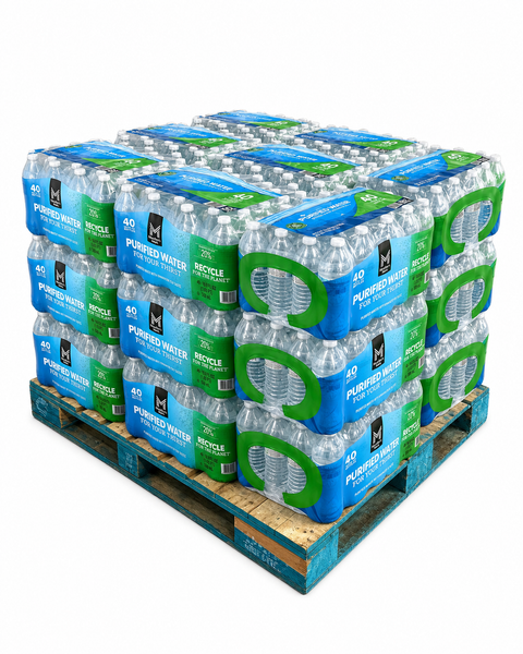 Member's Mark 16.9 oz purified water — 24 cases, 960 bottles, on a wrapped pallet