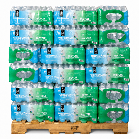 Member's Mark 16.9 oz purified water — 48 cases, 1,920 bottles, on a wrapped pallet