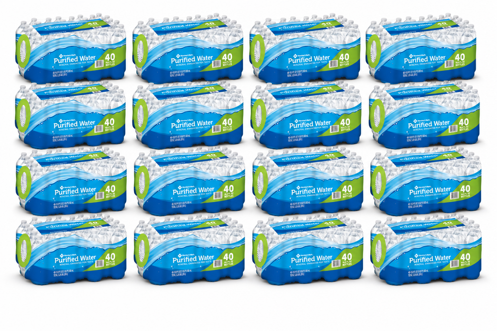 Member's Mark 16.9 oz purified water — 16 cases, 640 bottles, on a wrapped pallet