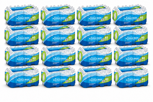Member's Mark 16.9 oz purified water — 16 cases, 640 bottles, on a wrapped pallet
