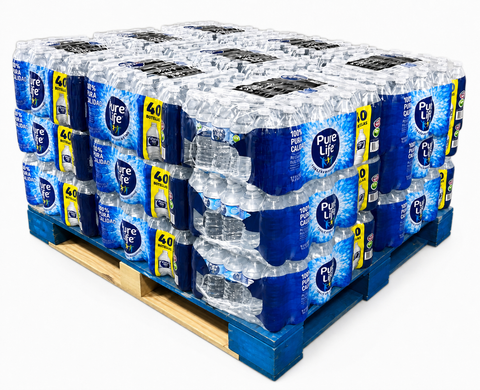 Pure Life 16.9 oz purified water — 24 cases, 960 bottles, on a wrapped pallet