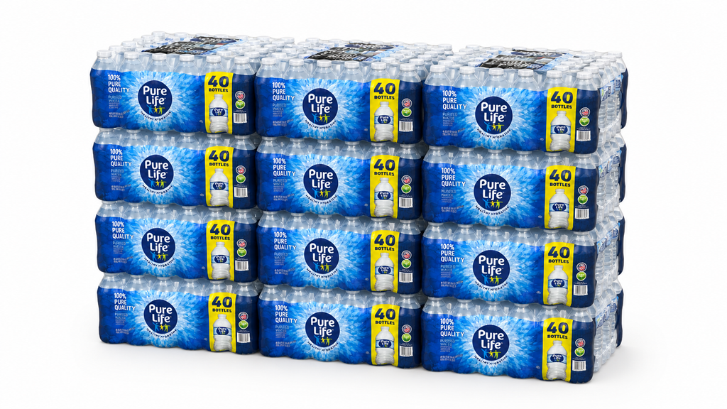 Pure Life 16.9 oz purified water — 12 cases, 480 bottles, on a wrapped pallet