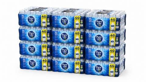 Pure Life 16.9 oz purified water — 12 cases, 480 bottles, on a wrapped pallet